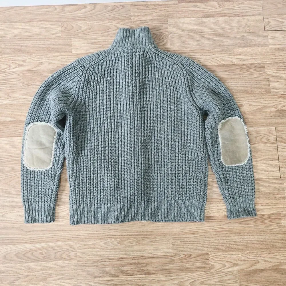 Michael Kors Ribbed Wool Knit Cardigan Lamb Shearling Sweater Size L Elbow Patch